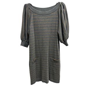 Nanette Lepore Grey Brown Merino Wool Striped LS Sweater Pockets Dress Sz Large